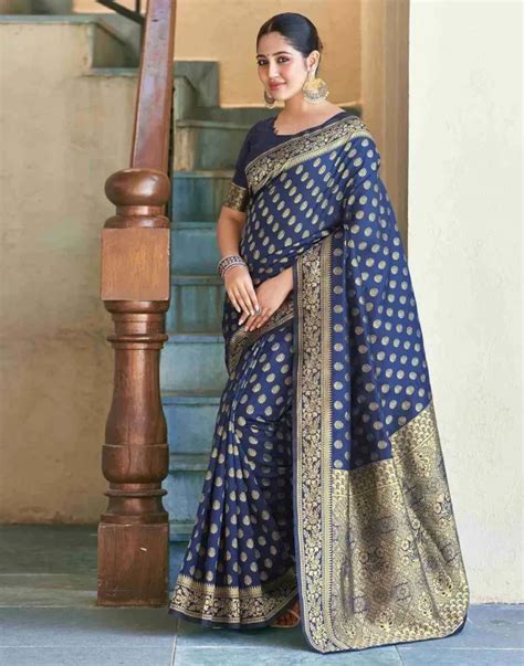 Shrimay Navy Blue Woven Kanjivaram Pure Silk Saree For Women Price in ...