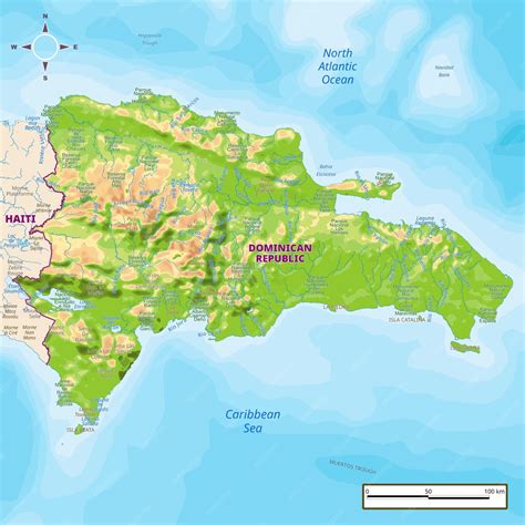 Mapa físico de la República Dominicana con fronteras nacionales ríos y ...