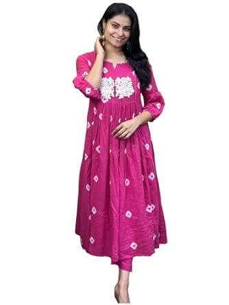 Buy GoSriKi Women's Rayon Blend Anarkali Printed Kurta with Pant ...
