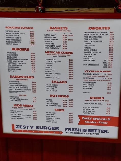 Menu at Zesty Burger fast food, Lufkin