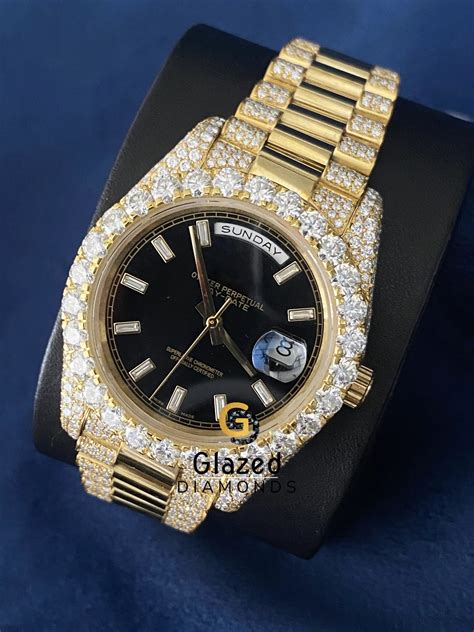 Black Dial Baguette Bar Day Date Moissanite Diamond Studded Watch ...