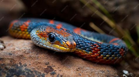 Premium AI Image | A blue, red and yellow snake sits on a rock.