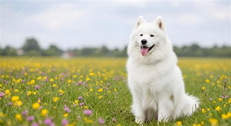 花の畑でふわふわした白いサモイード犬 | AI生成画像