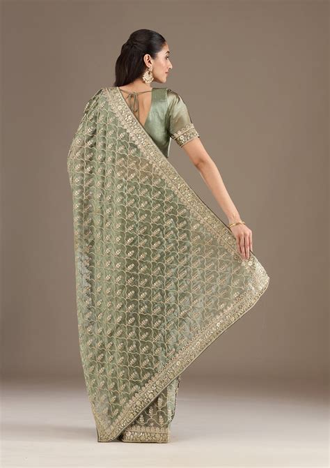 Buy Sea Green Zariwork Tissue Saree - Koskii