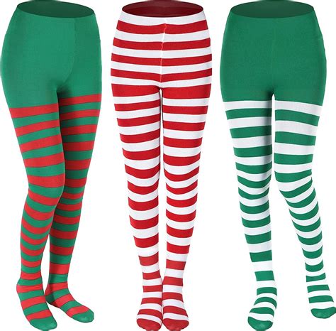 Christmas Striped Tights 3 Pairs Full Footed Stripy Tights Red Green ...