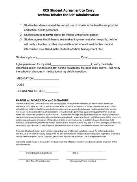 Fillable Online SAMPLE Self-Administration of Asthma Inhaler Student ...