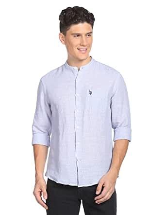 U.S. POLO ASSN. Men's Linen Regular Fit Vertical Stripe Mandarin Collar ...