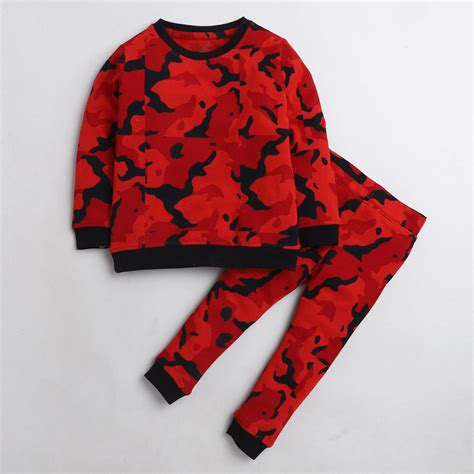 Polka Tots Red camouflage Full sleeve tshirt with lounge pant set - Re ...