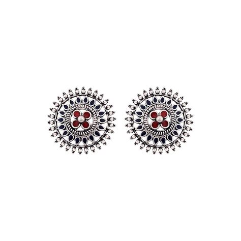 Voylla Ethnic Silver Oxidised Plating Brass Mandala Design Floral Stud ...