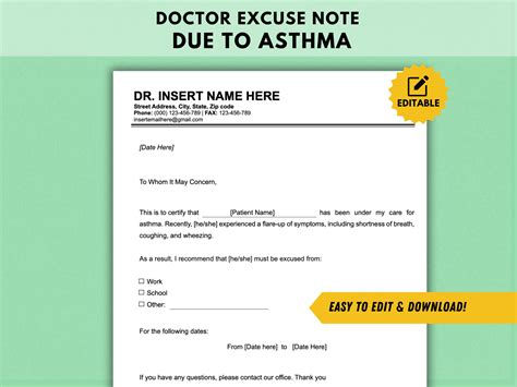 Asthma Doctor Excuse Note Template: Editable Medical Form (A4 & US Letter) - Etsy