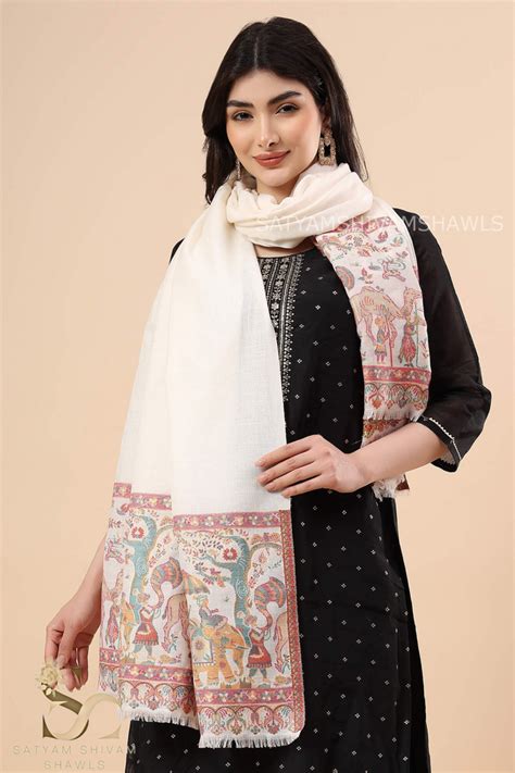 ZARI MOONLIGHT KANI WEAVE PURE WOOL PALLA SHAWL,WARM AND SOFT,WHITE ...