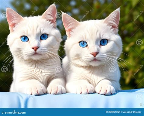 Two Beautiful White Cats with Blue Eyes on Blue Background, Closeup ...