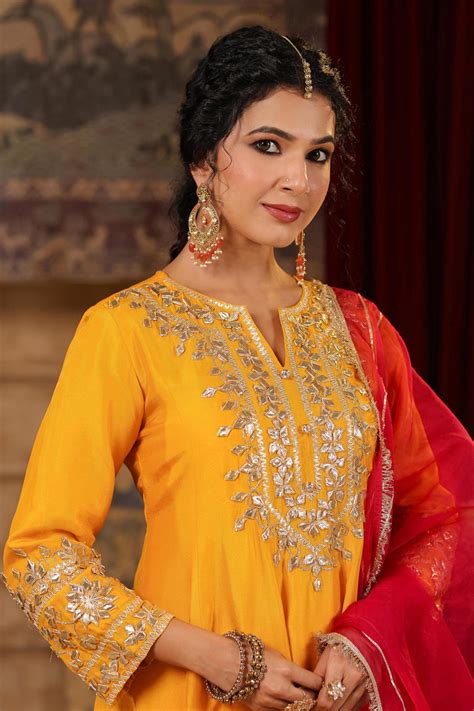 Shop Mustard-Fuchsia Dupion Silk Gota-Dori Work Anarkali Set- Elegant ...
