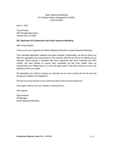 Post Interview Rejection Letter Template