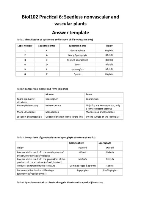 Prac 6 - Lab report - Biol102 Practical 6: Seedless nonvascular and ...