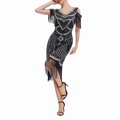Bouanq Cocktail Dress 1920s Flapper Dress Long Fringe Dress Roaring 20s Sequin Beaded Dress ...
