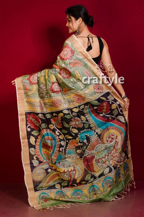 Moss Green Zari Border Pure Tussar Kalamkari Saree - Hand Painted ...