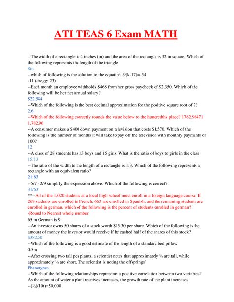 2022 -2023 ATI TEAS 6 Exam MATH Complete Questions & Answers with ...