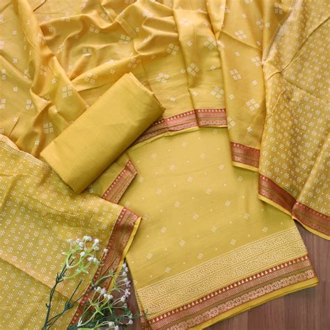 Nandani Corn Yellow Bandhani Buti Print in Mangalgiri Hem Cotton Suit ...