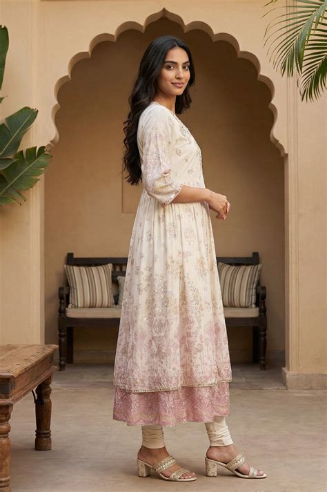 Buy White Floral Foil Printed Pure Cotton Anarkali Kurta With Leggings ...