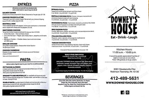 Menu at Downey's House restaurant, Robinson Township, Steubenville Pike