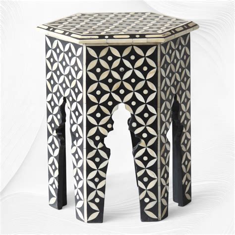 Geometric Bone Inlay Hexagonal Side Table Black – Luxury Handicrafts