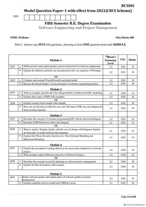 BCS501 - Model Question Paper for Software Engineering & PM Exam - Studocu