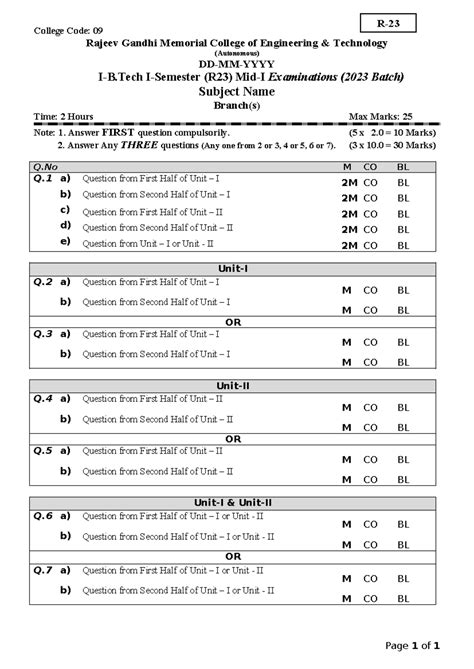 R23 Mid Exam Template for Rajeev Gandhi Memorial College - Studocu