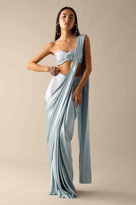 Buy Blue Lycra Sweetheart Neck Lia Solid Pre-pleated Saree With Blouse ...