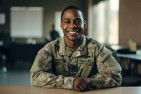 A young black man in a military uniform is smiling and posing for a ...