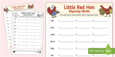 The Little Red Hen Three Rhyming Words Worksheet - Twinkl