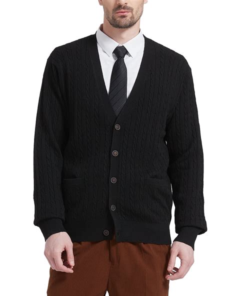 Kallspin Men’s Wool Blend V-Neck Cable-Knit Cardigans Sweaters (Black ...