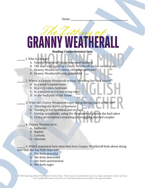 "The Jilting of Granny Weatherall" by Katherine Anne Porter Quiz and ...