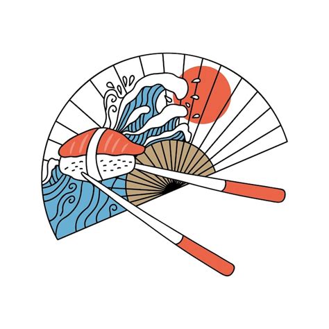Japanischer Fächer mit Meereswellensonne und Sushi-Nigiri mit Lachs auf ...