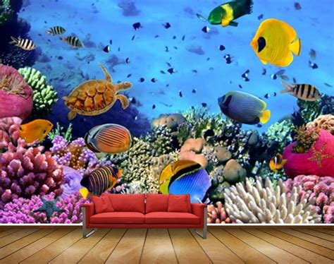 Avikalp MWZ2194 Sea Fishes Tortoise Anemones Stones Underwater Ocean W ...