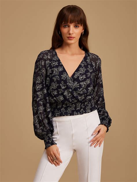 Buy Printed Textured Georgette Elasticated Waist Top 124497DRSBLCXS – KAZO