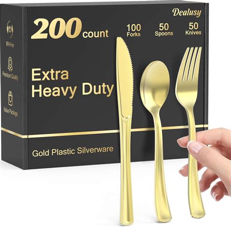 Amazon.com: Dealusy 200 Count Heavy Duty Gold Plastic Silverware, 100 ...