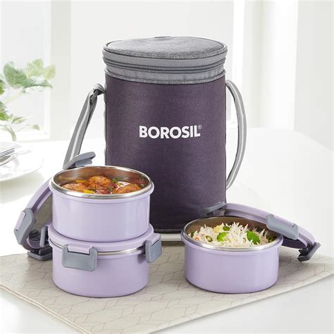 Buy Borosil Glory Lavender Stainless Steel Lunchbox with Bag | 3 pcs ...