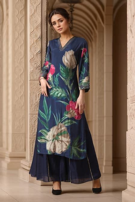 Buy Blue Muslin, Chanderi Beads, Lace Floral Printed Straight Kurta ...