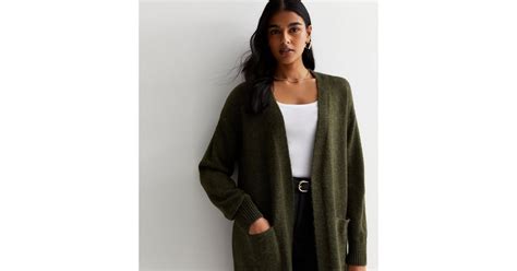 Khaki Knit Pocket Front Midi Cardigan | New Look