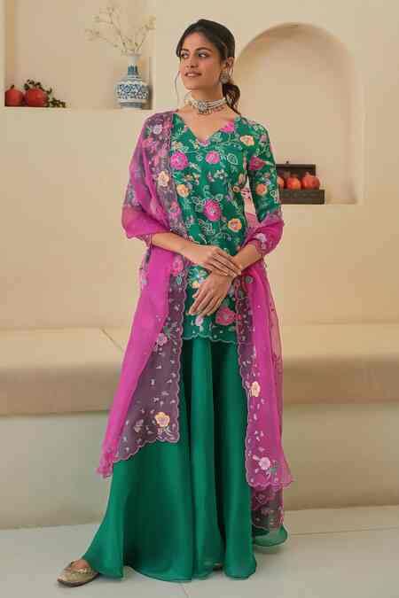 Buy Green Silk Organza, Gabardine Embroidery, Sequins Seri Hand Kurta ...