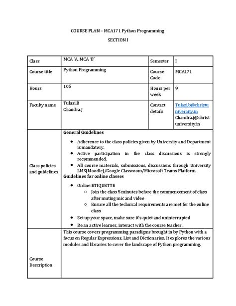 Python courseplan - COURSE PLAN – MCA171 Python Programming SECTION I ...