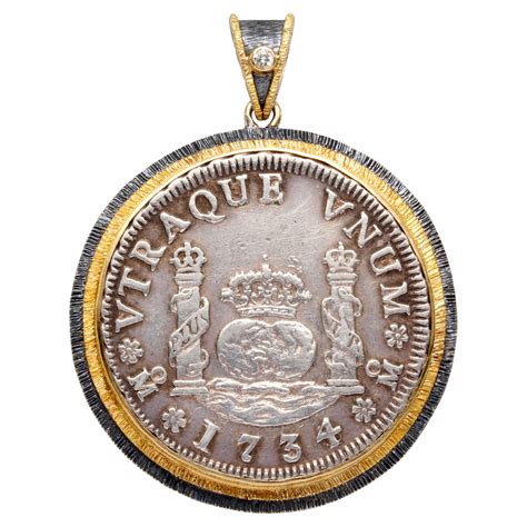 Spanish Colonial Mexico 1734 Two Reales Coin Diamond Sterling 18K Gold ...