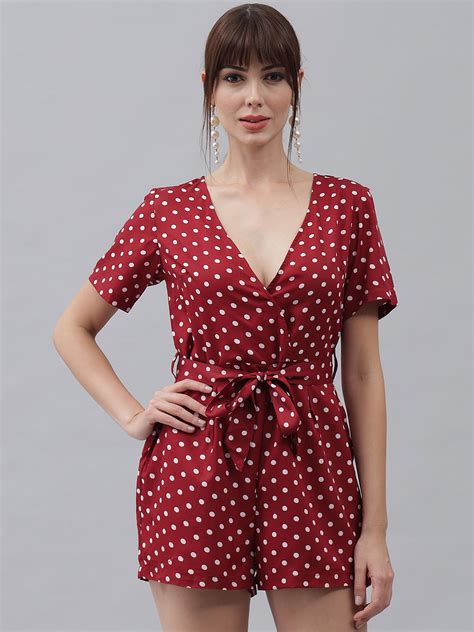 Emeros Women Stunning Maroon Polka Print Wrap-Style Playsuit