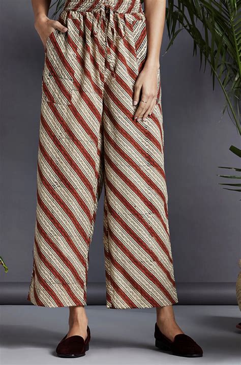 elasticated printed pants - red & biege stripes - maati crafts