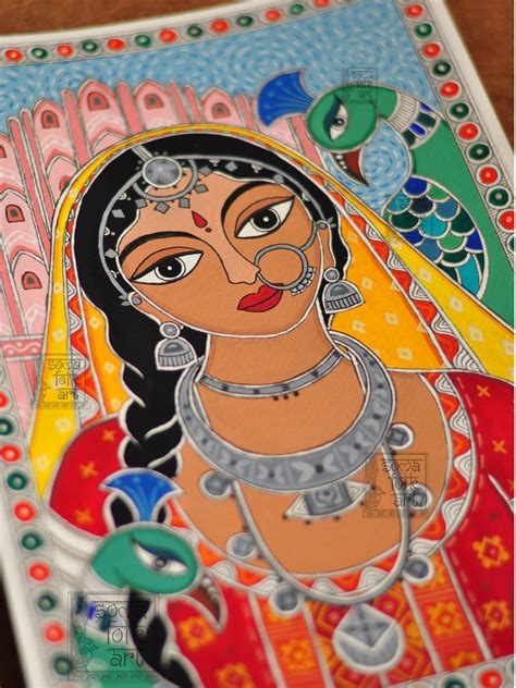 Buy Print Madhubani Rajasthani Woman With Peacock Painting Desi Brown ...