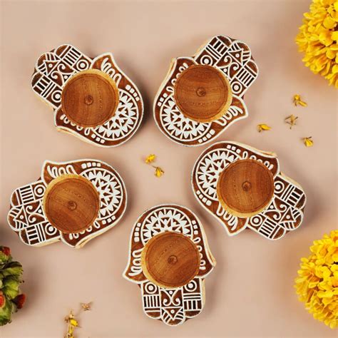Wooden Small Block hand Shape Diya pair - Oxyroots Handicraft