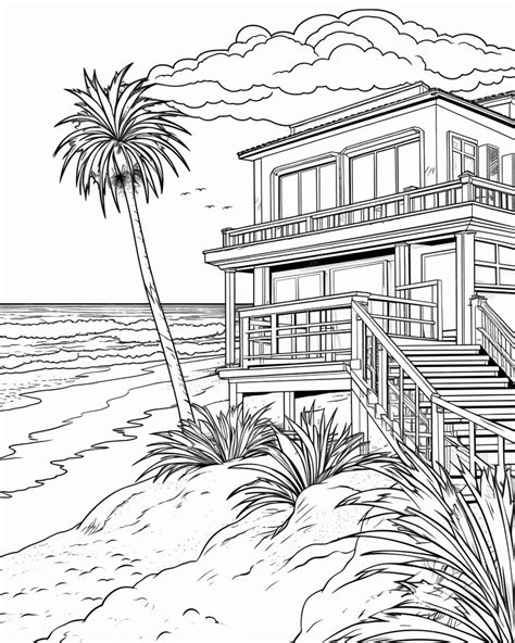 Premium Photo | A black and white drawing of a beach house on the beach ...
