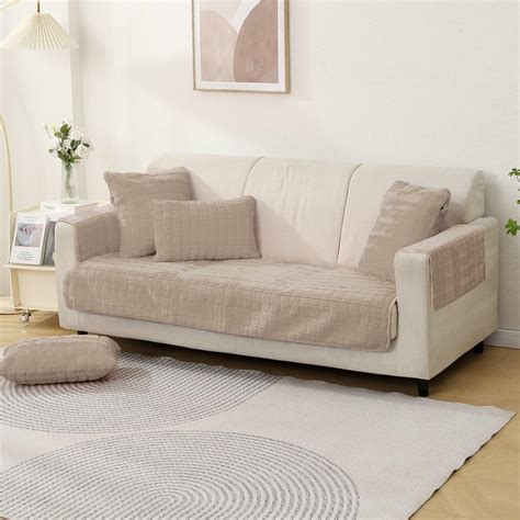 Luxury Plush Anti Slip Sofa Cover Mat with 2 Arm Cover, Beige – HOKIPO ...
