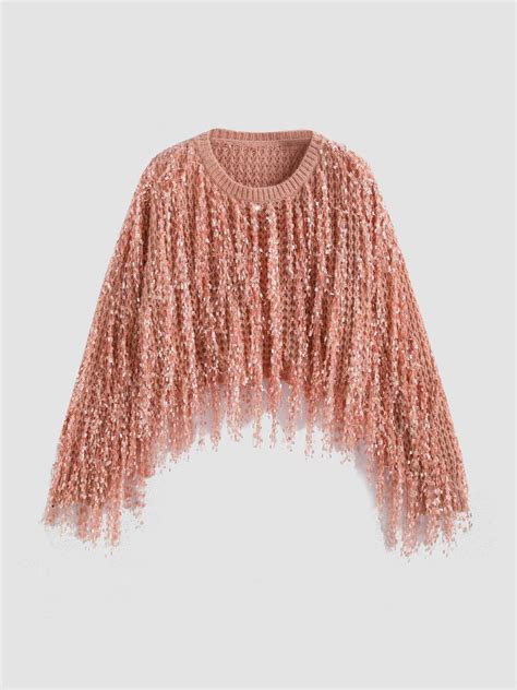 Fringe Long Sleeve Crop Sweater For School Party/Clubbing Music ...